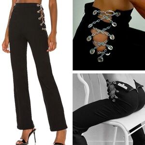 EB DENIM Grommet Lace Up Chain Pants Cotton High Rise Straight Wide Leg Black S